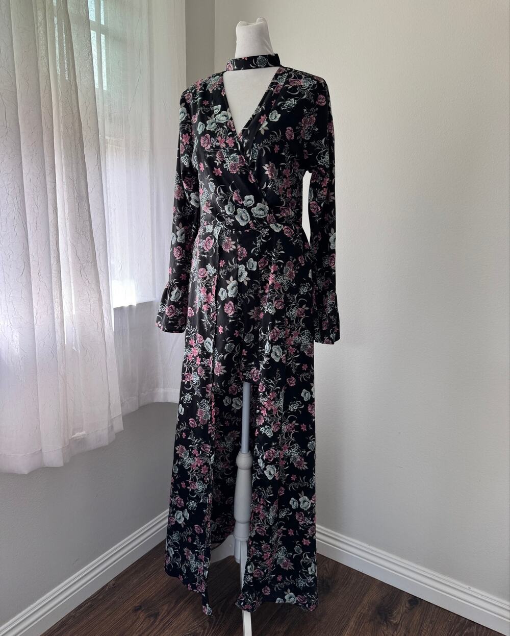 Love at First Sight Black Floral Print High Low Long Sleeve Jumpsuit